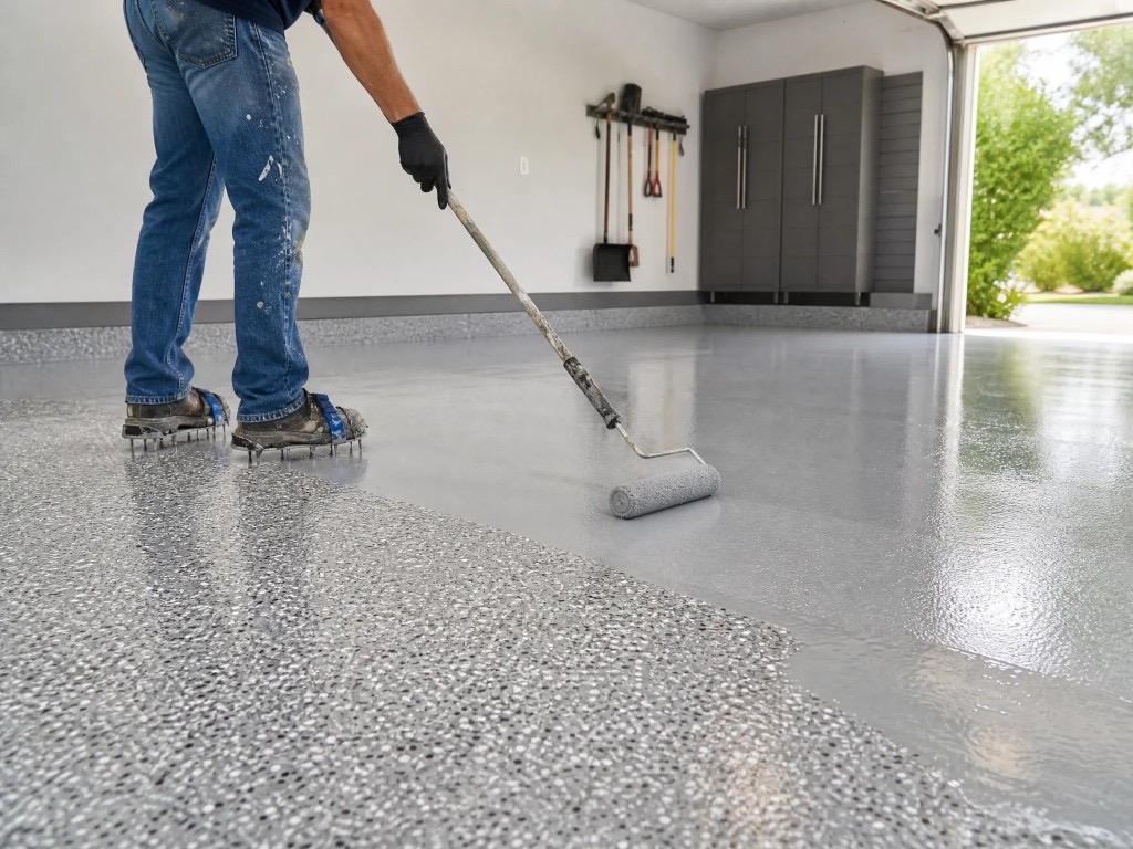 Contractor applying epoxy topcoat with a roller over decorative flake flooring in a Oxnard garage