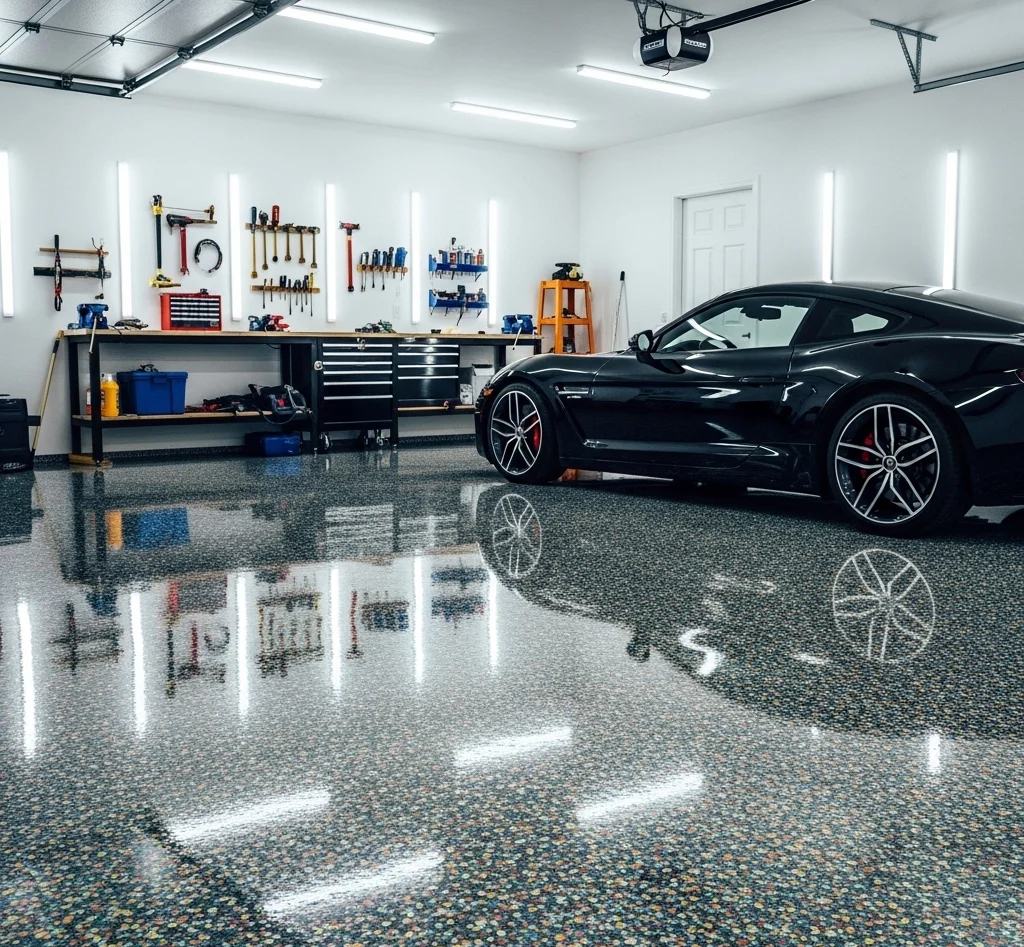High-gloss polyurea garage floor coating with decorative flake finish in Oxnard, CA